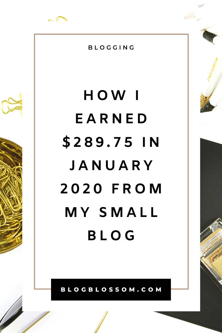 In my January 2020 income report, I'll show you how I earned $289.75 from my small blog in just one month. | blogging traffic | skyrocket your traffic | blog income report | blog traffic report | affiliate marketing | earn money online | make money online | money making tips | make money blogging | tailwind | pinterest tips | social media marketing | ad revenue | blogging tools | blogging tips | blog tips | start a blog | work from home | side hustles