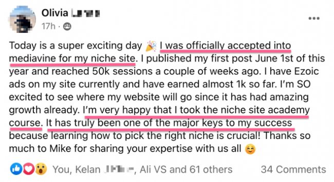 facebook testimonial of niche site academy